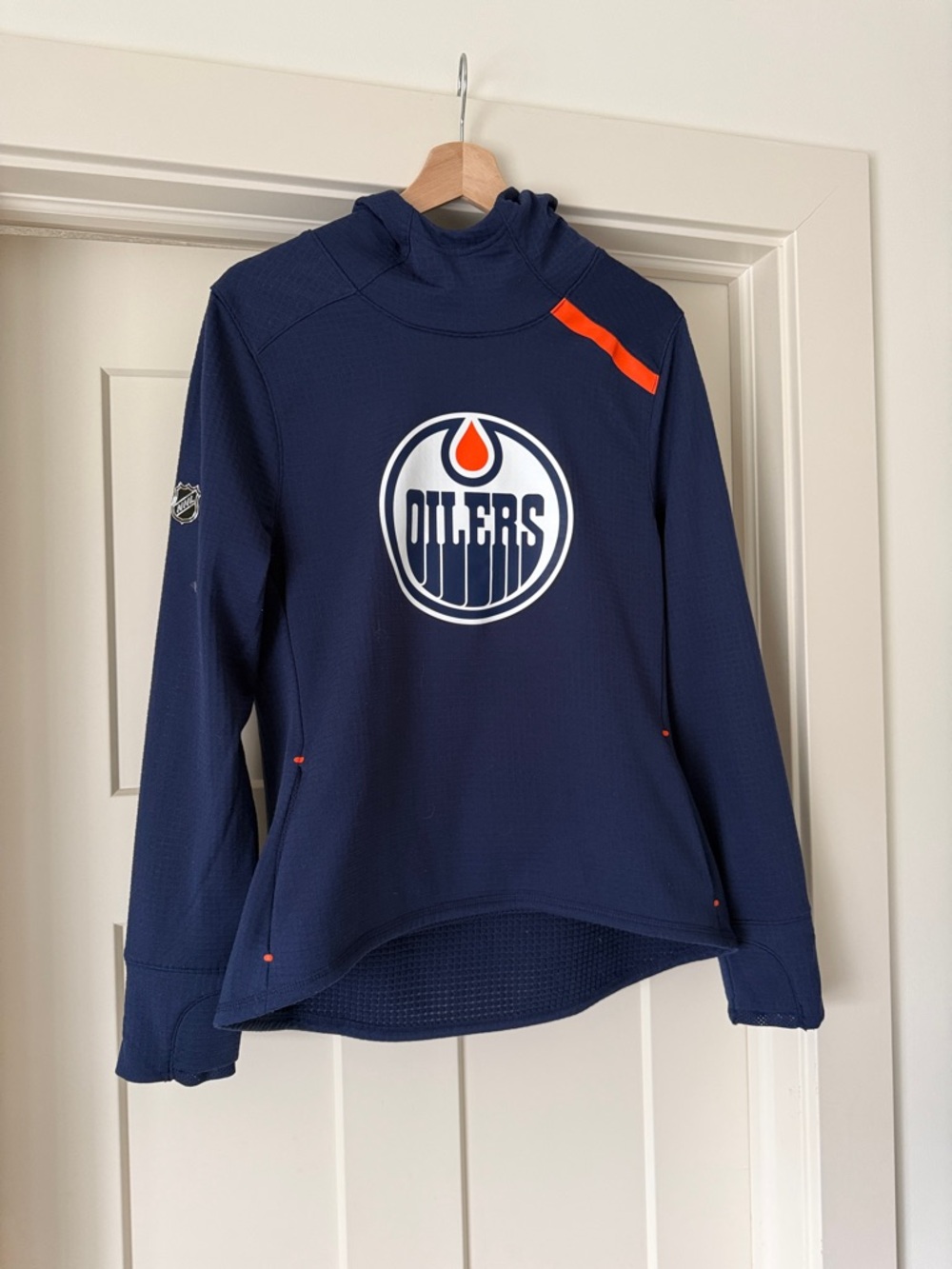 NHL Edmonton Oilers Navy Pullover Hoodie with Orange Accent (women’s fit)